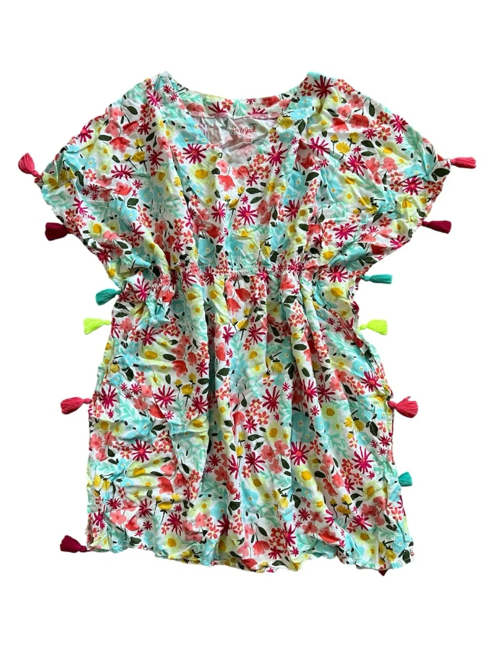 Cat & Jack Girls Floral Tassel Swim Cover Up - Aqua & Pink Size XL (14/16) GUC